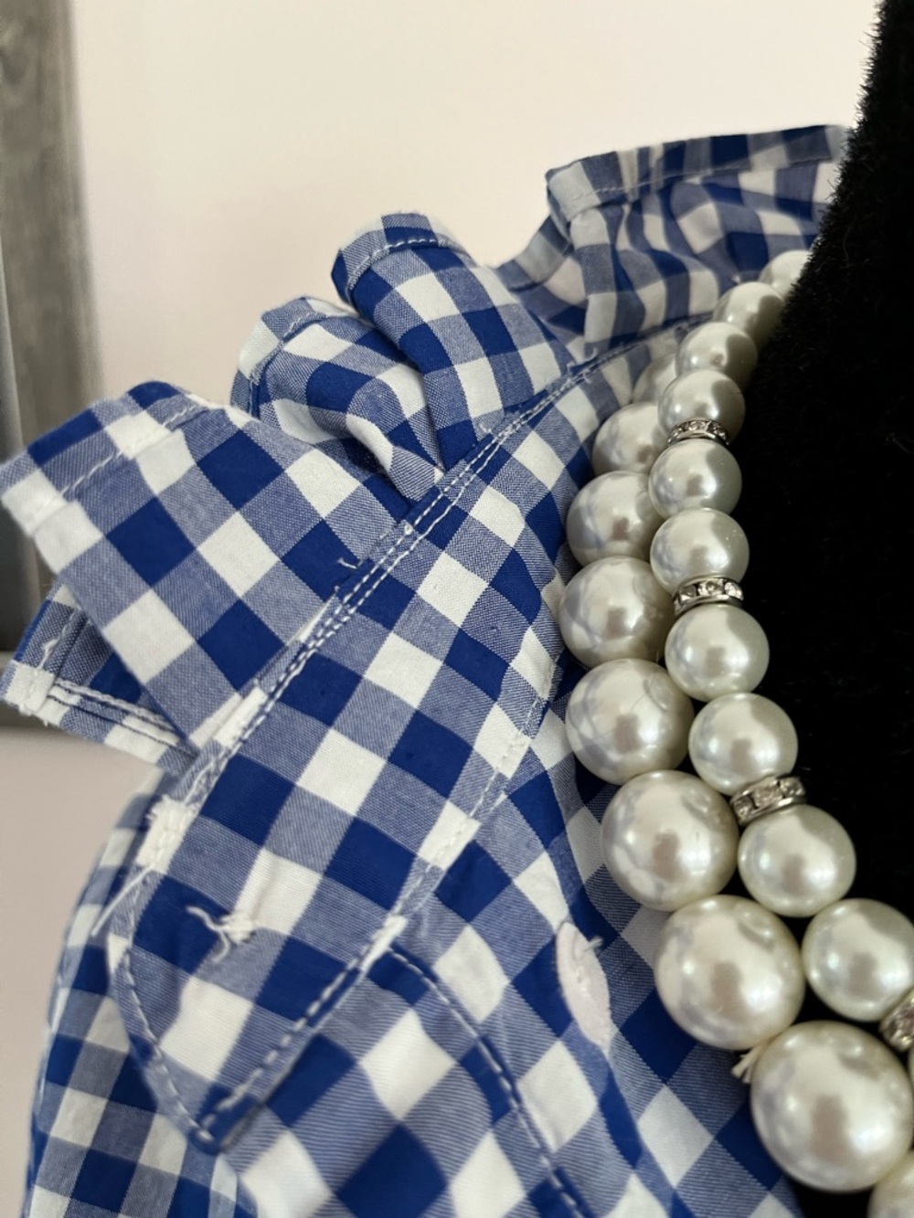Upcycled L.L. Bean Blue and White Gingham Tie-Front Button-Down Ruffle Collar - Picture 3 of 7